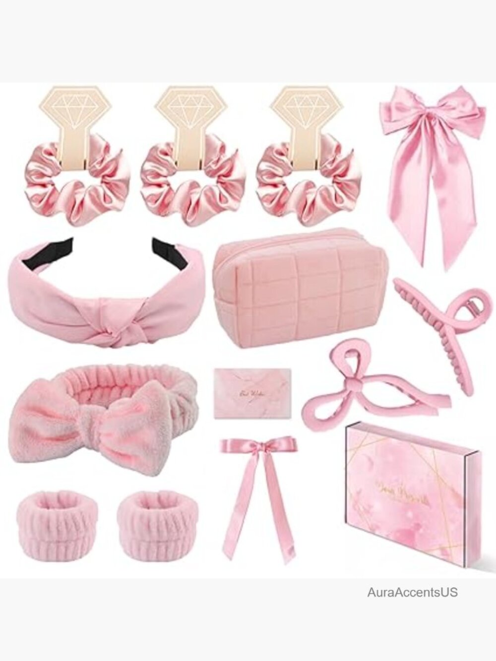 Spa Headband & Wristband Set with Hair Accessories & Cosmetic Bag